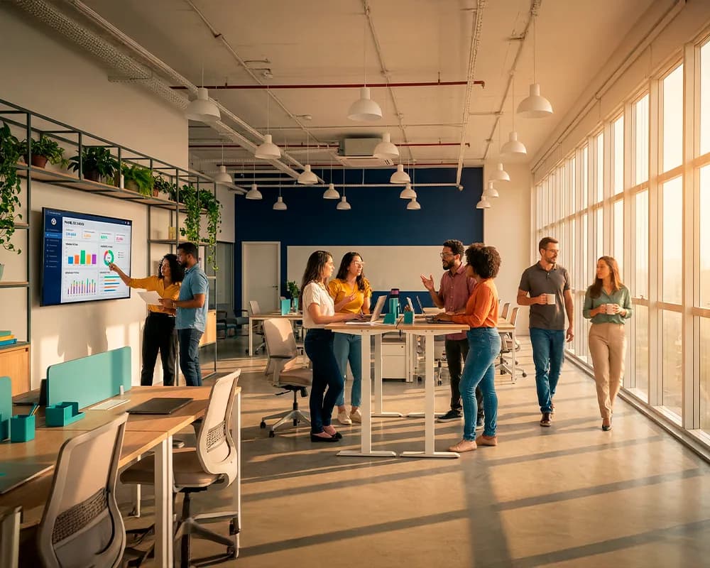 Equipe da Company Conferi reunida no escritório em frente a um painel de dados